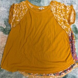 Umgee Mustard Mixed Media Women's Top with Floral Sleeves and Back 1X